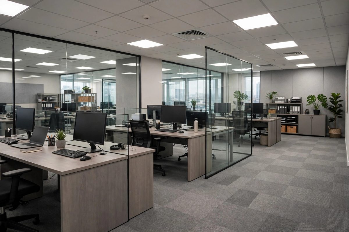 Modern office interior finished with carpet tile flooring