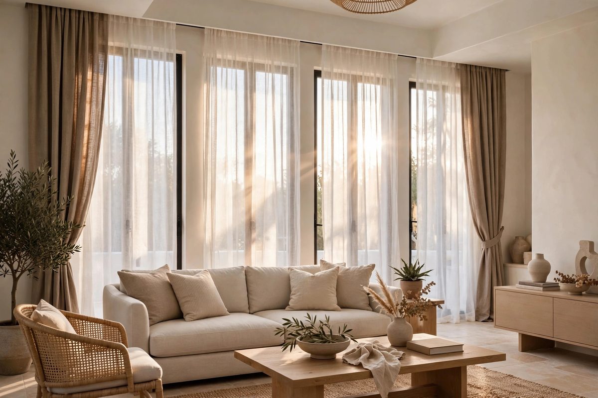 Floor to ceiling curtains dressing tall windows in a bright villa living room