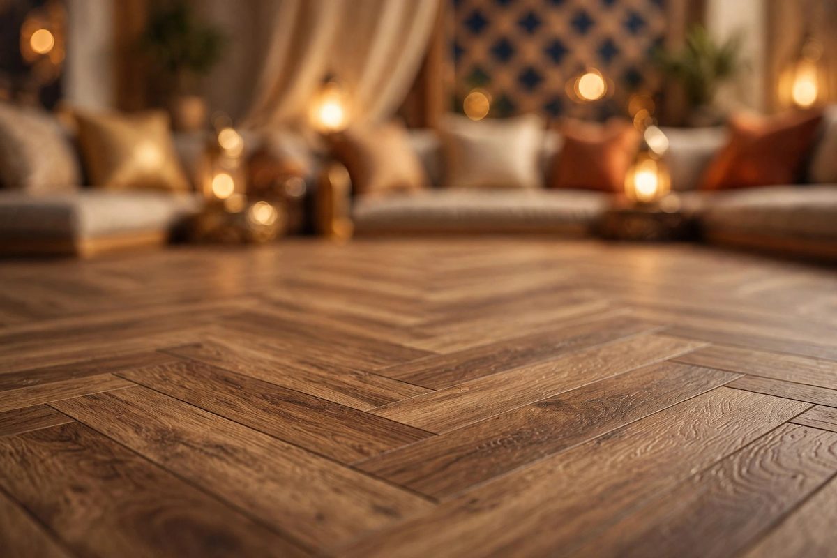 Close-up of herringbone pattern SPC flooring in an elegant majlis seating area