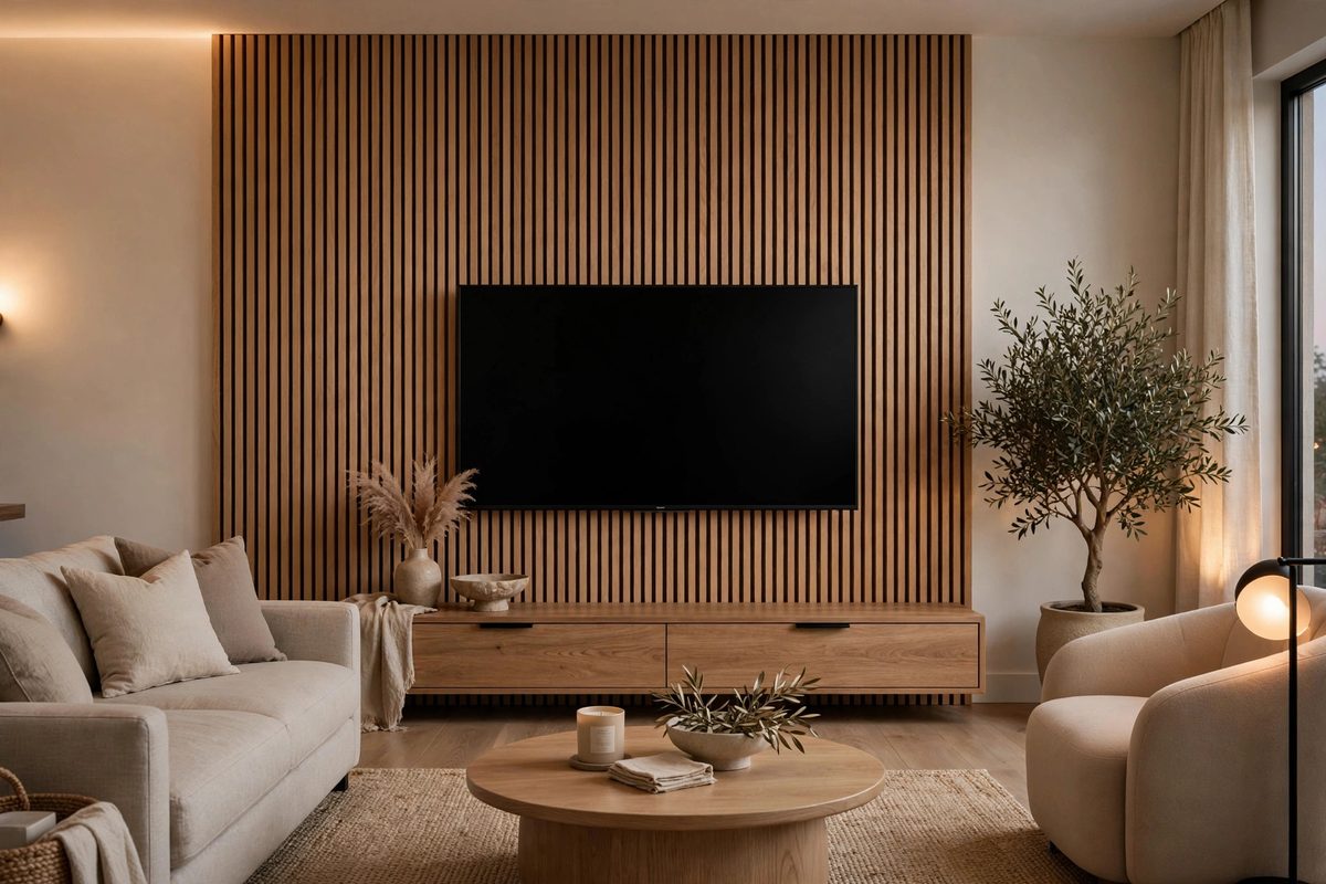 WPC slatted wall panels fitted behind a TV in a modern living room