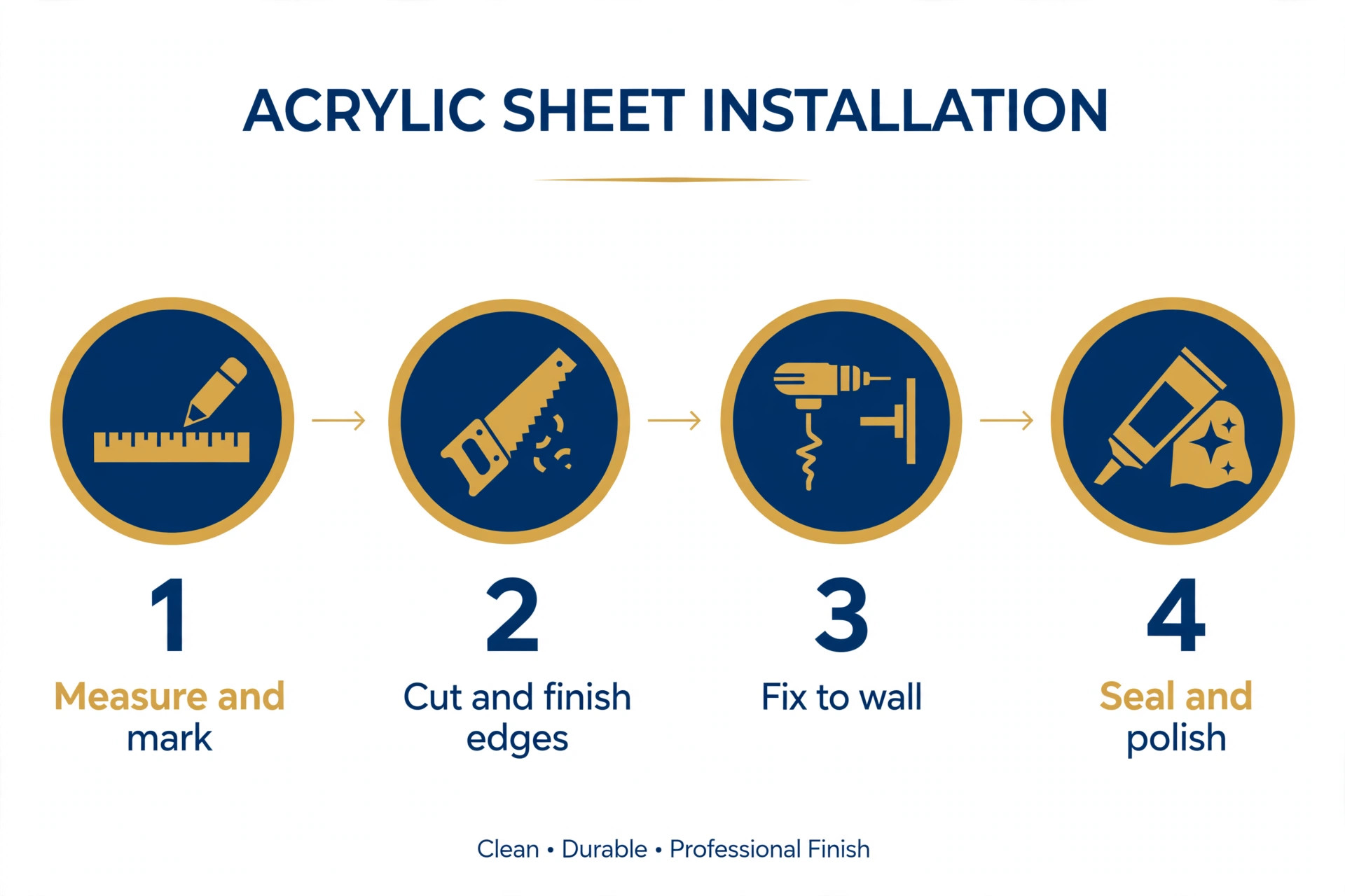 Infographic showing the four steps of acrylic sheet installation: measure, cut, fix, polish