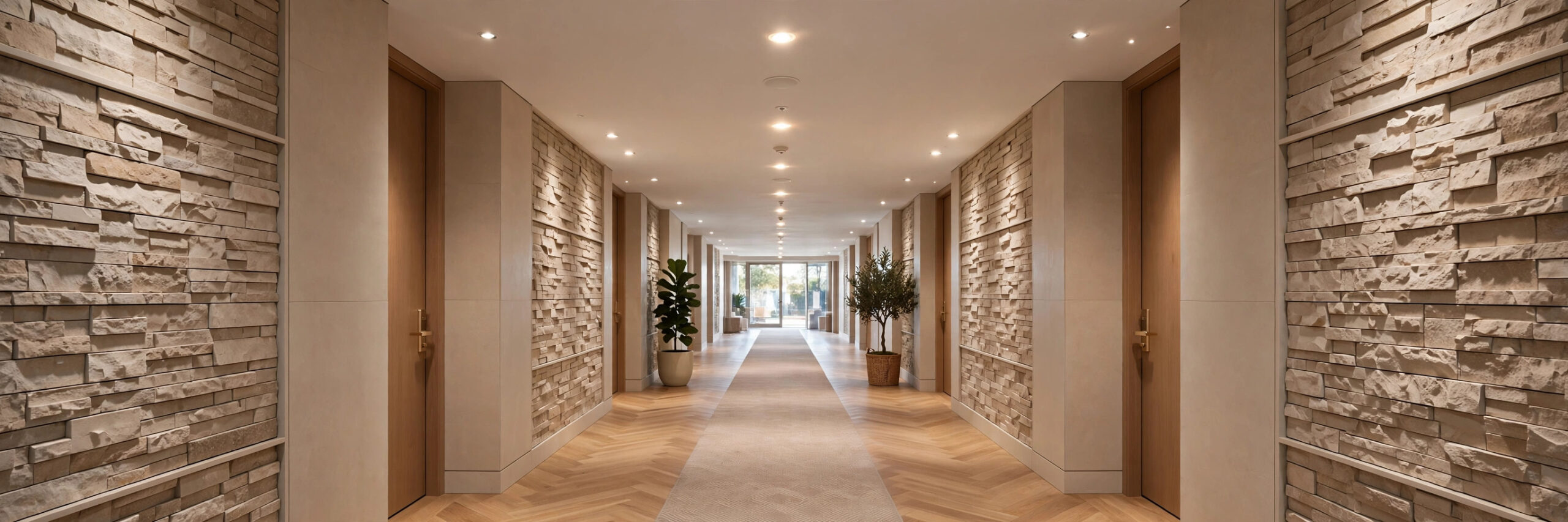Hallway with beige mix ledgestone PU wall panels
