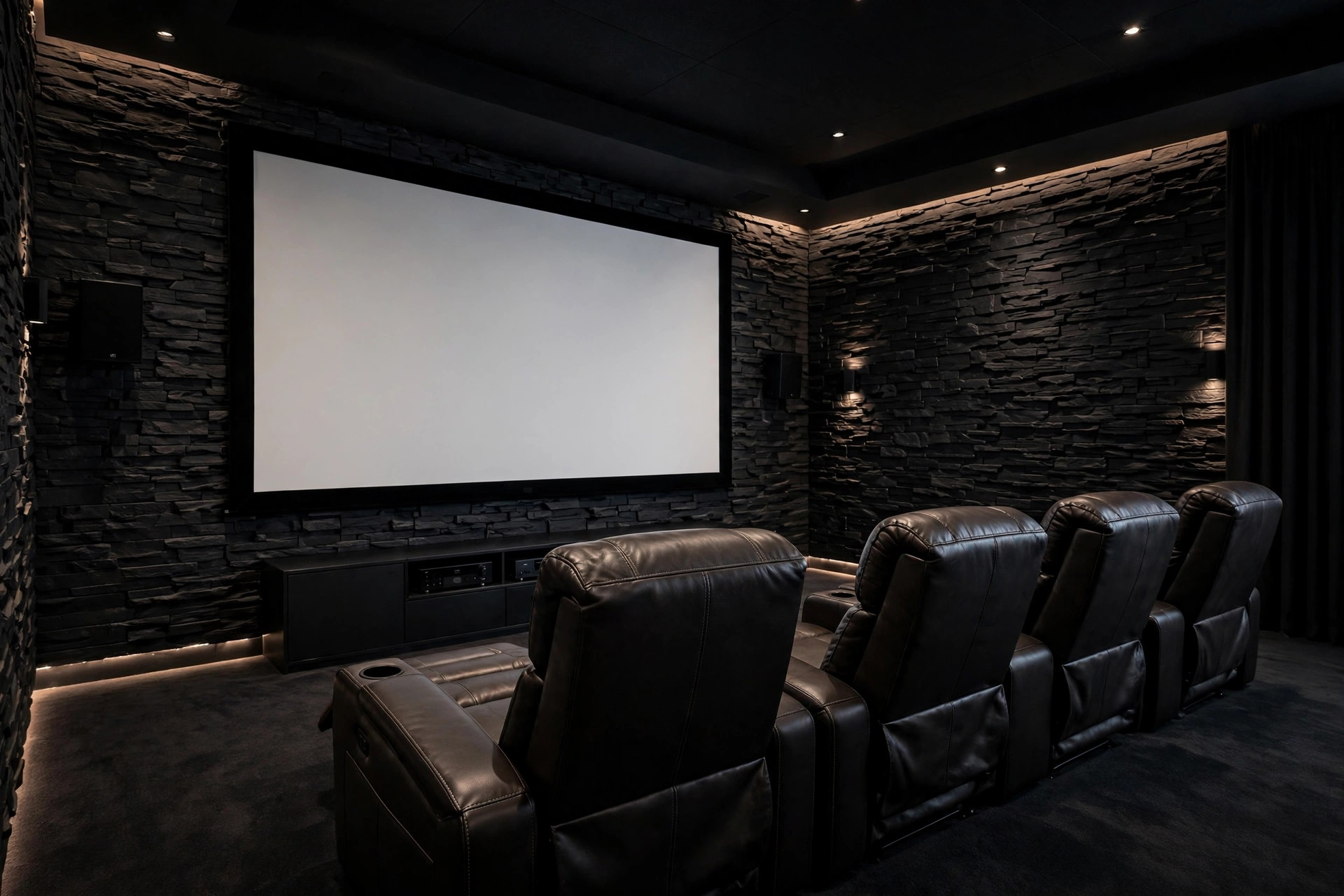 Home cinema room with black stacked stone PU wall panels