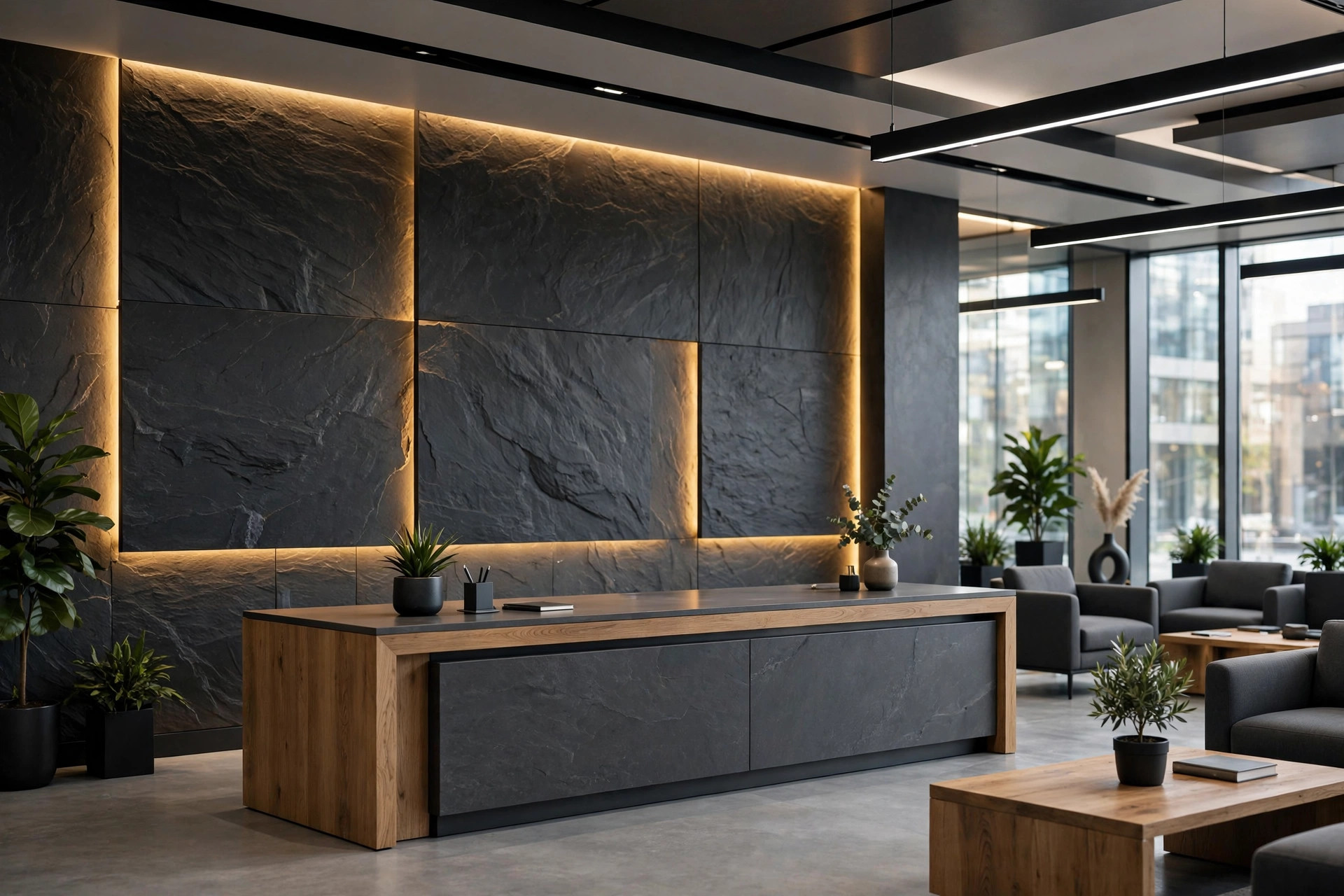 Office reception with dark slate PU stone backdrop wall and backlighting