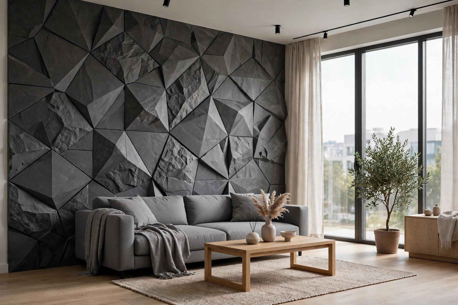 Modern apartment living room with graphite 3D geometric PU stone wall