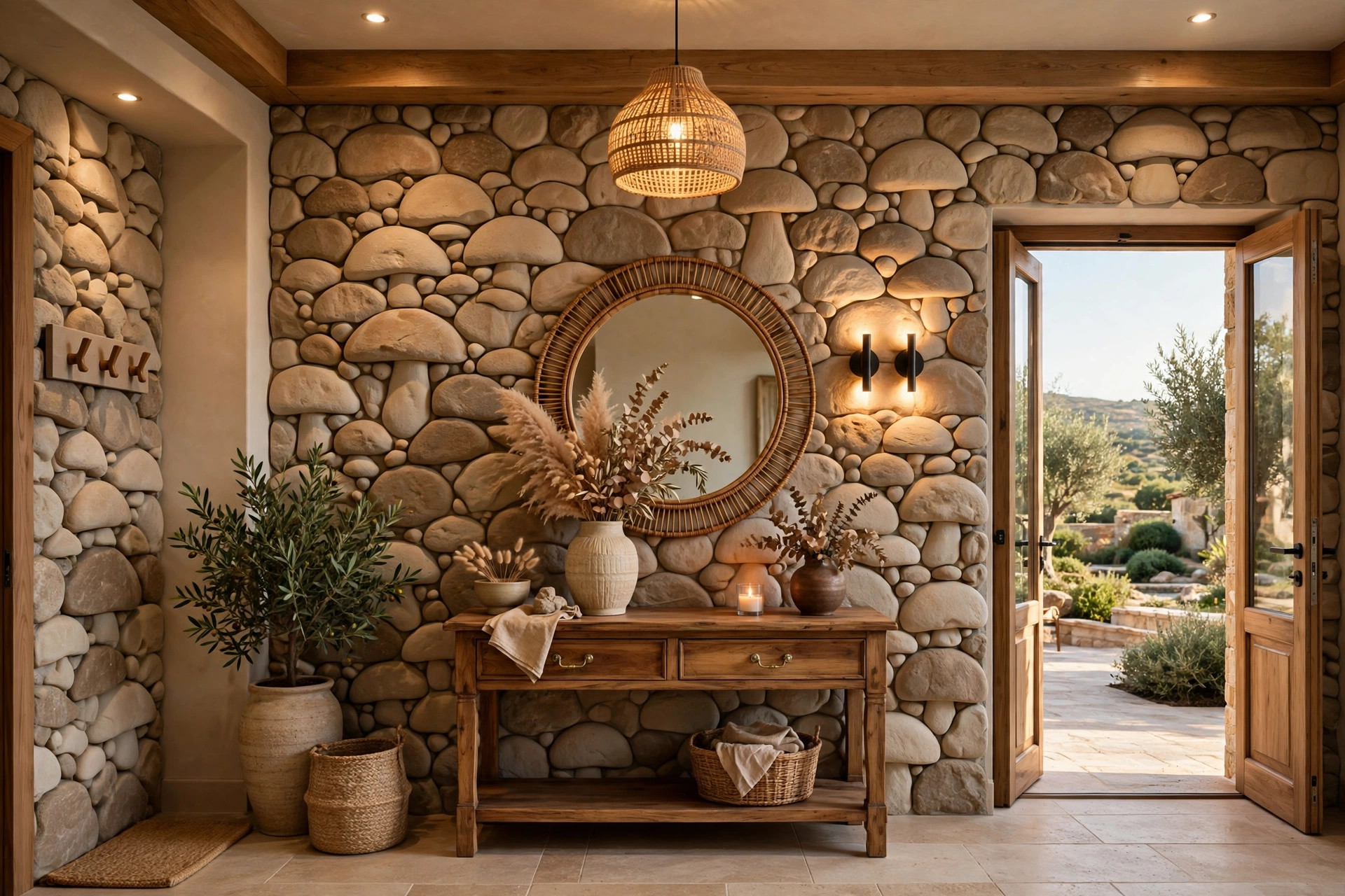 Villa entrance foyer with mushroom stone PU wall panels