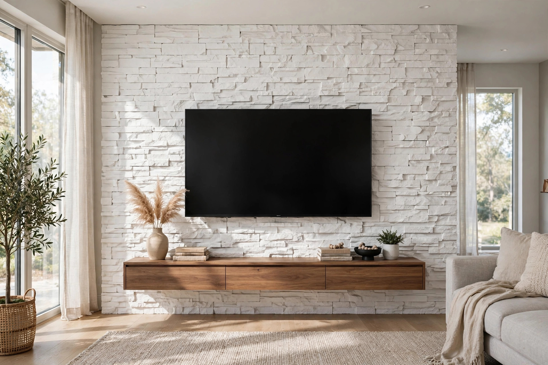 TV wall with white stacked stone PU panels in a modern living room