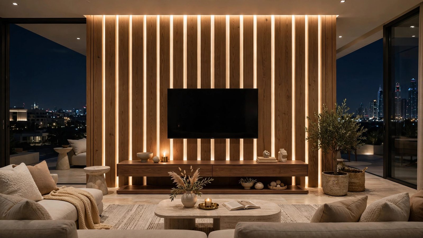 Oak slat media wall UAE with LED strip lighting in a Dubai villa living room