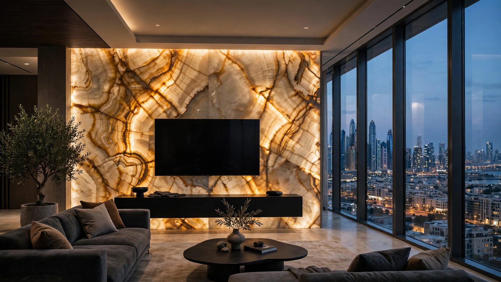 Backlit onyx TV wall design Abu Dhabi penthouse with amber glow