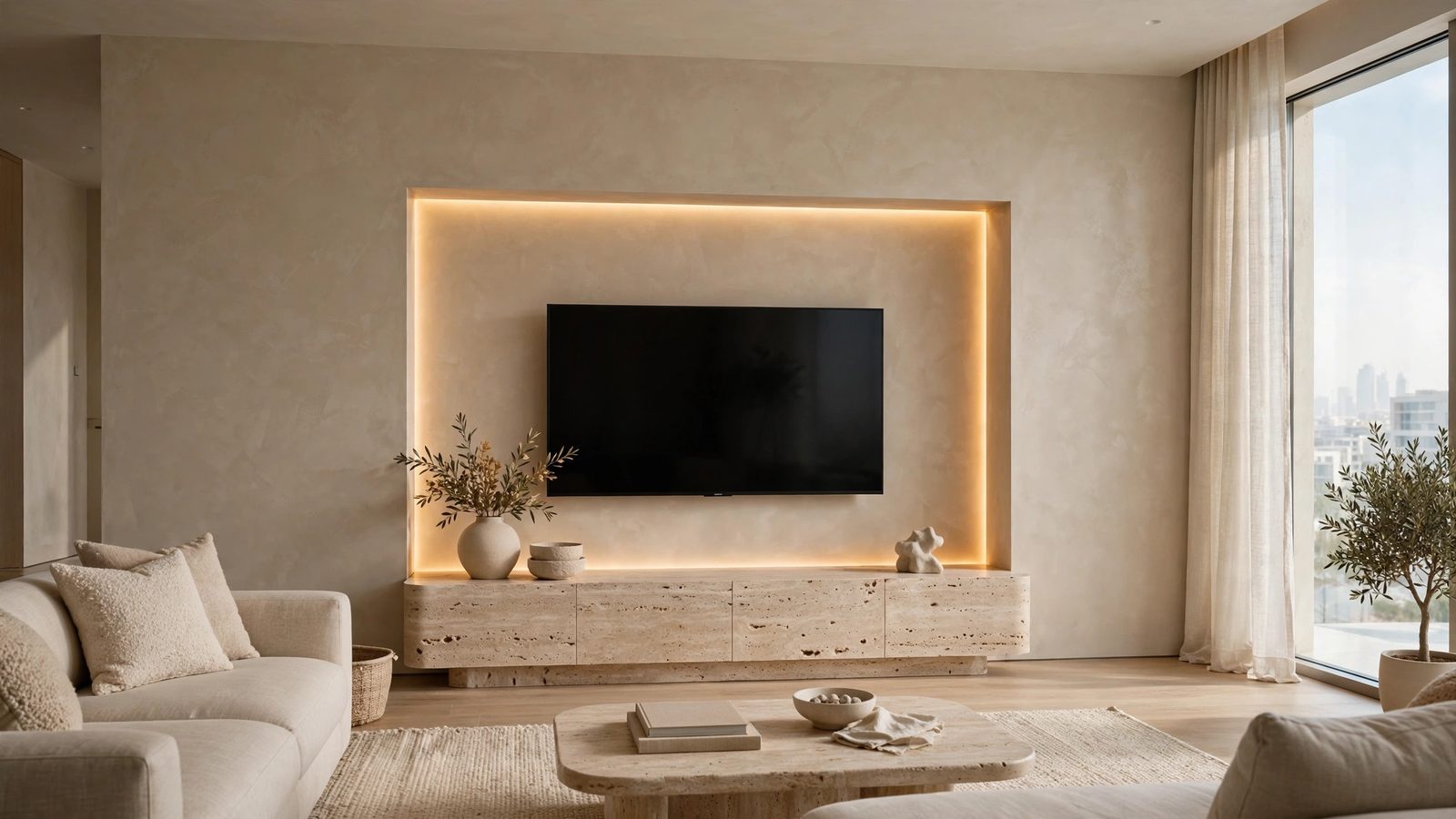 Recessed LED niche TV wall design Abu Dhabi in a minimalist apartment
