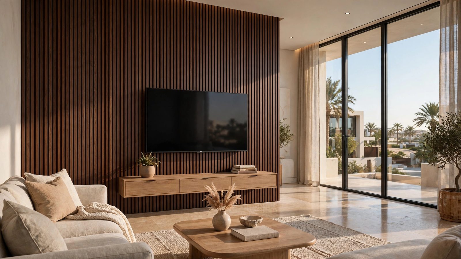 Walnut slat TV wall design Abu Dhabi villa with floating oak console