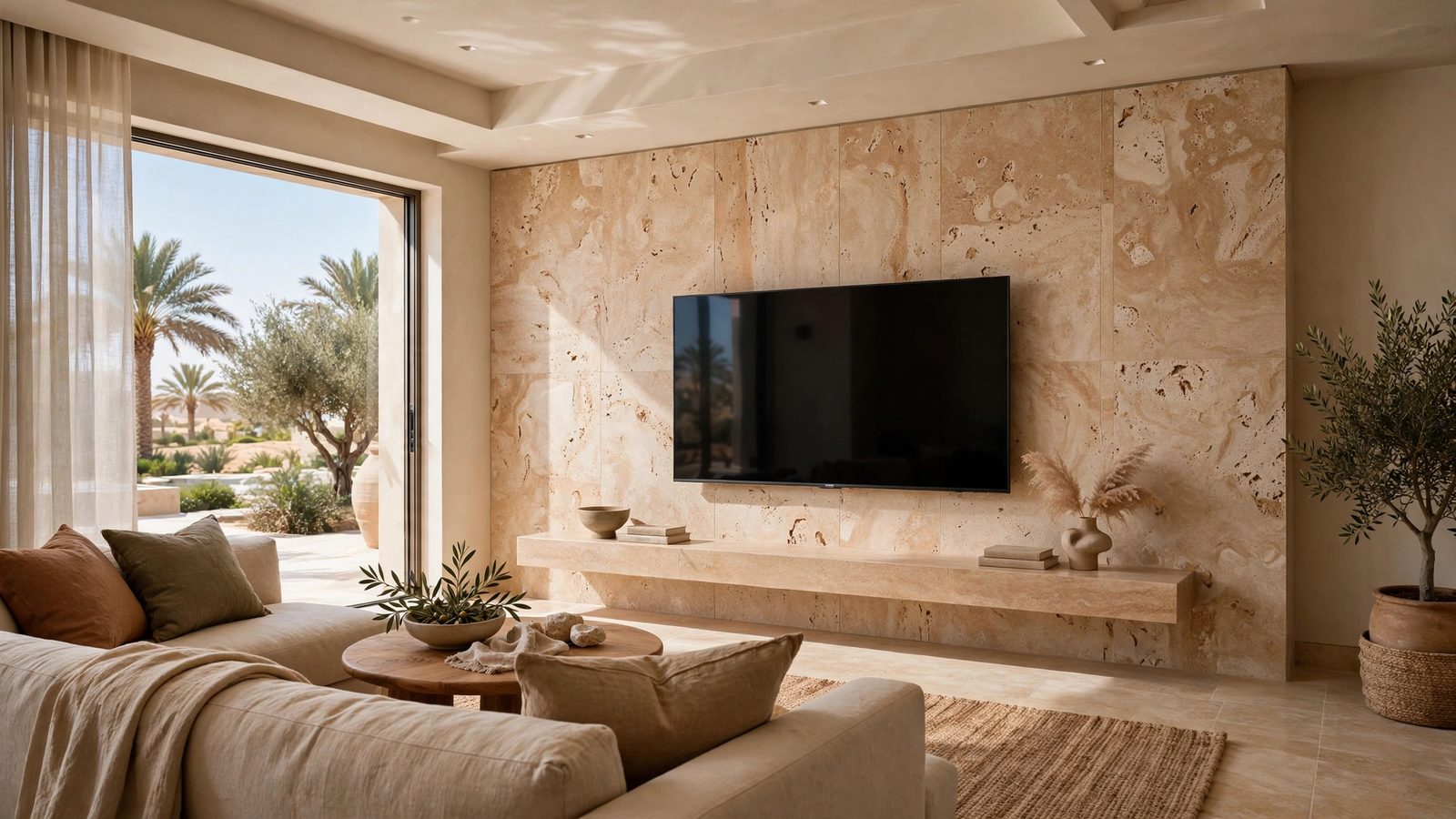 Travertine stone TV wall design Abu Dhabi villa living room