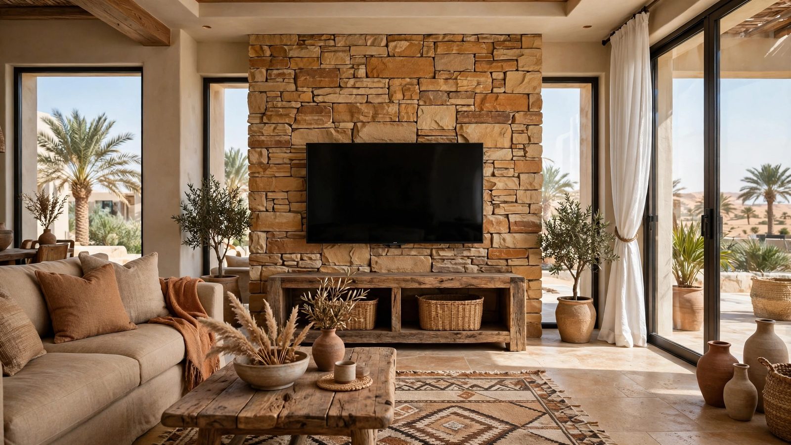 PU stone TV wall design Abu Dhabi with stacked stone texture