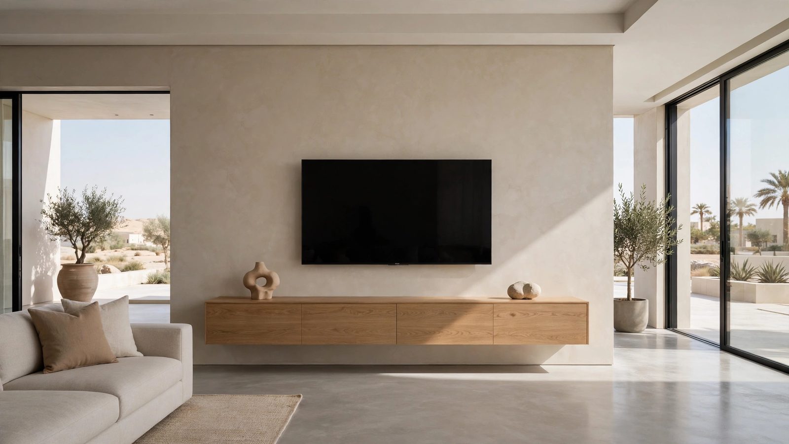 Greige plaster media wall UAE with floating oak cabinet