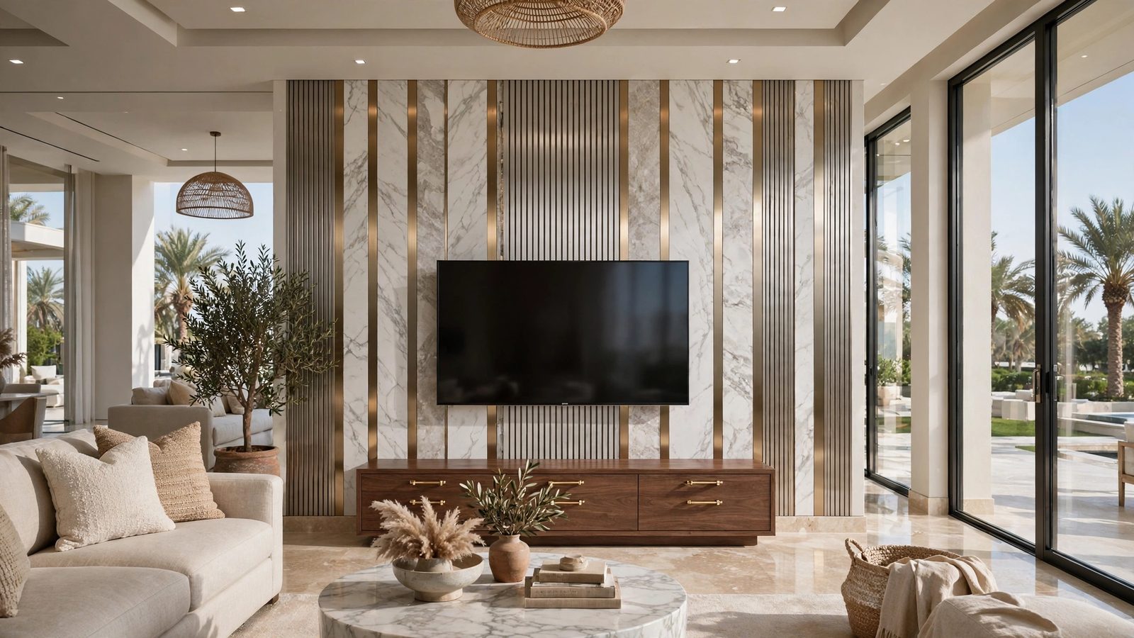 Brass slat and marble media wall UAE living room