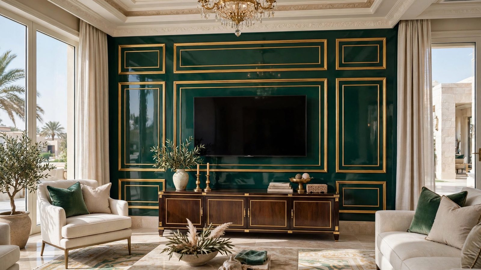 Emerald lacquer and brass TV wall design Abu Dhabi villa