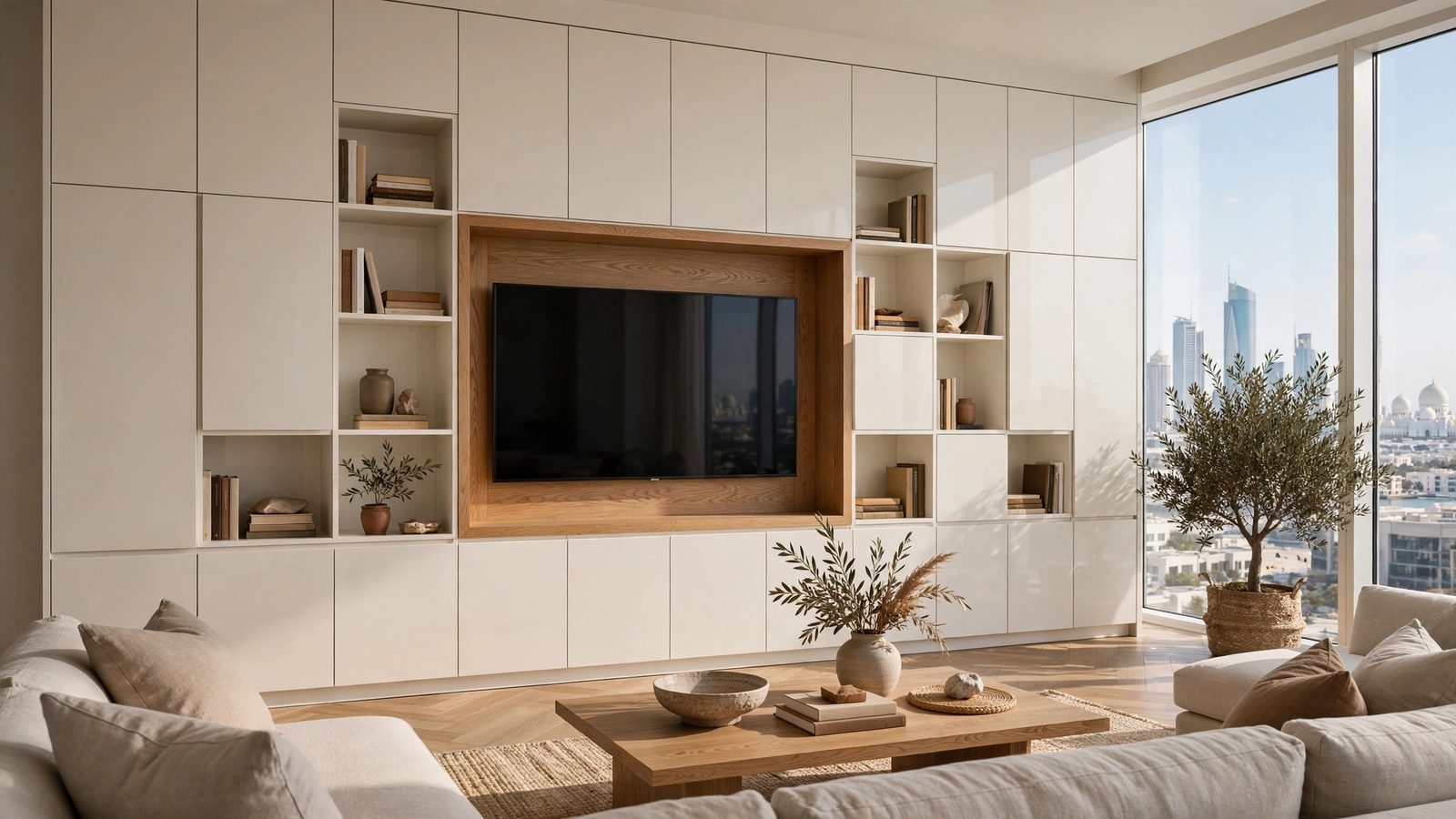 Floor to ceiling storage TV wall design Abu Dhabi