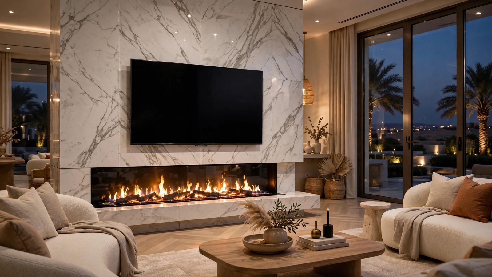 Marble TV wall design Abu Dhabi with linear electric fireplace