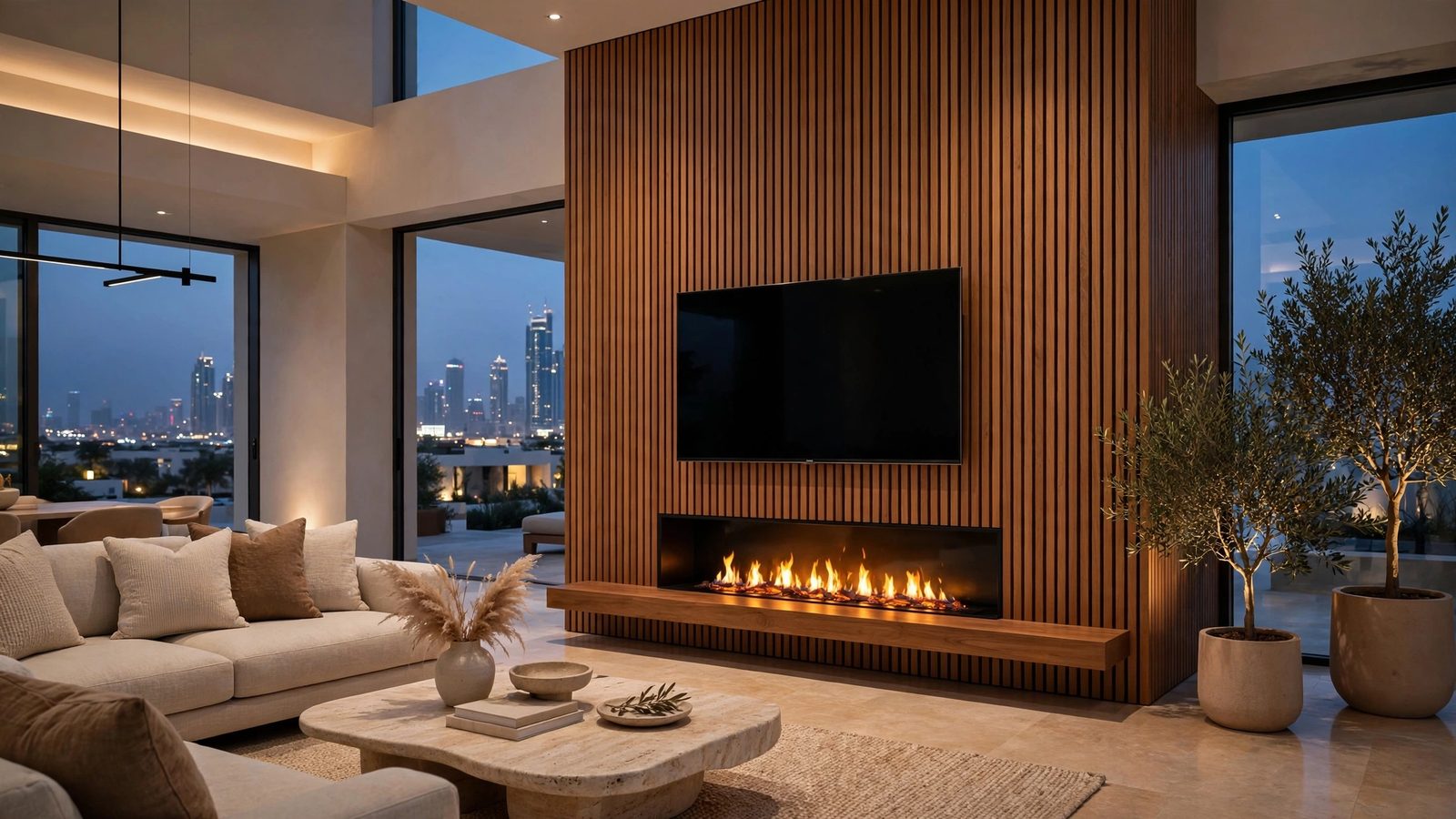 Teak slat media wall UAE with recessed electric fireplace