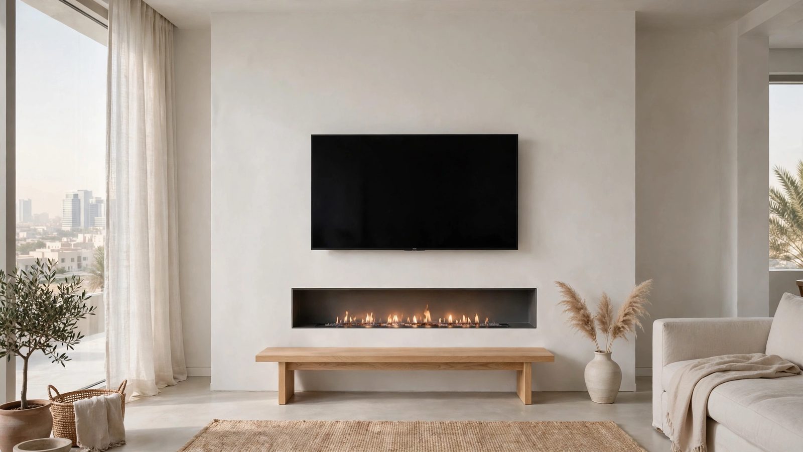 Minimalist white TV wall design Abu Dhabi with linear fireplace