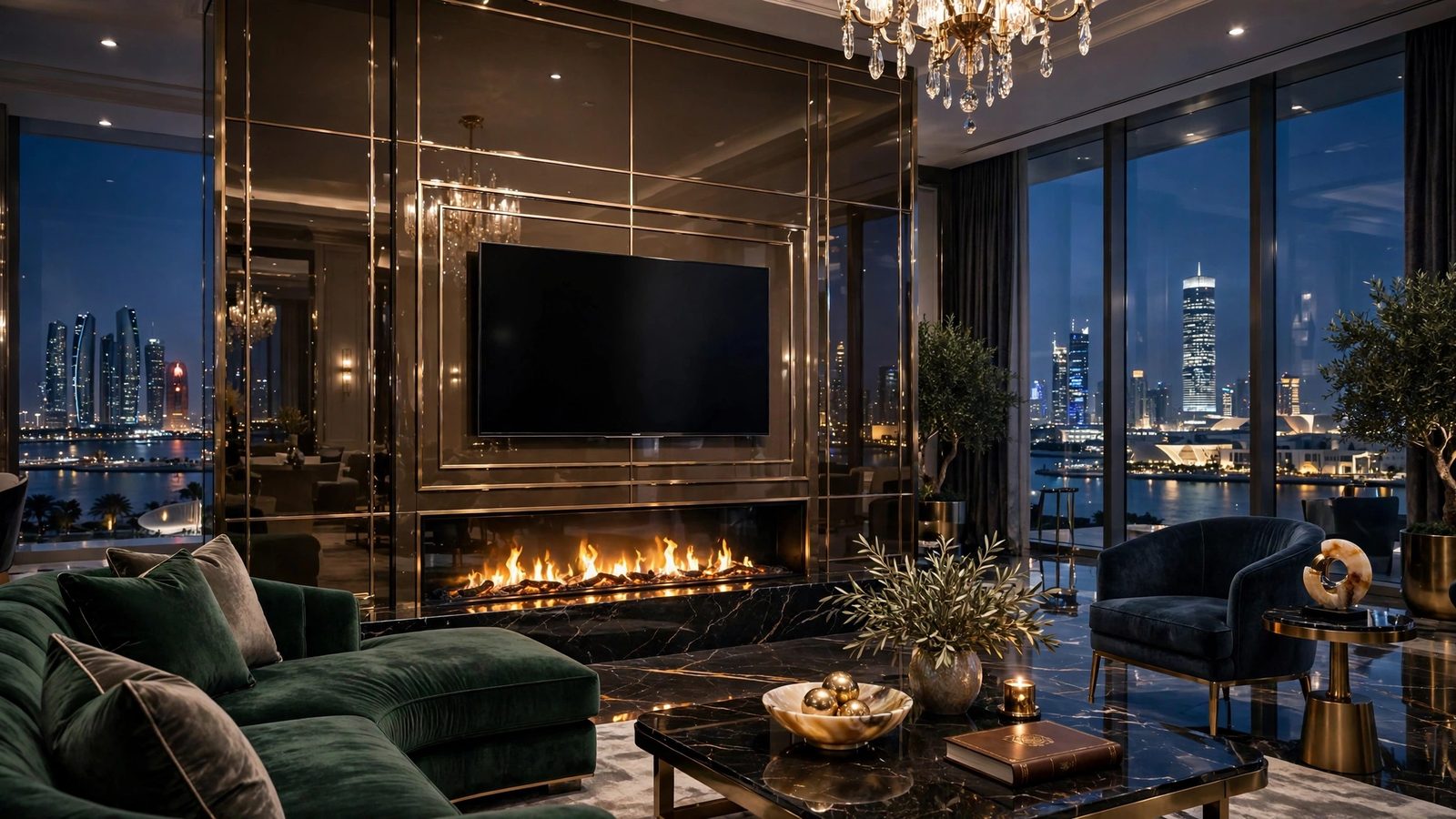 Bronze mirror fireplace TV wall design Abu Dhabi penthouse