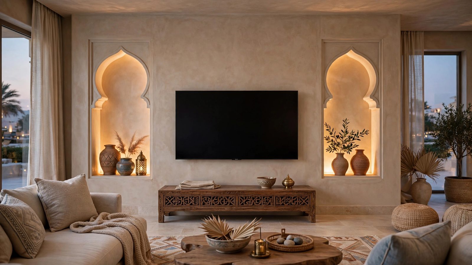 Arabic arch niche TV wall design Abu Dhabi with soft lighting