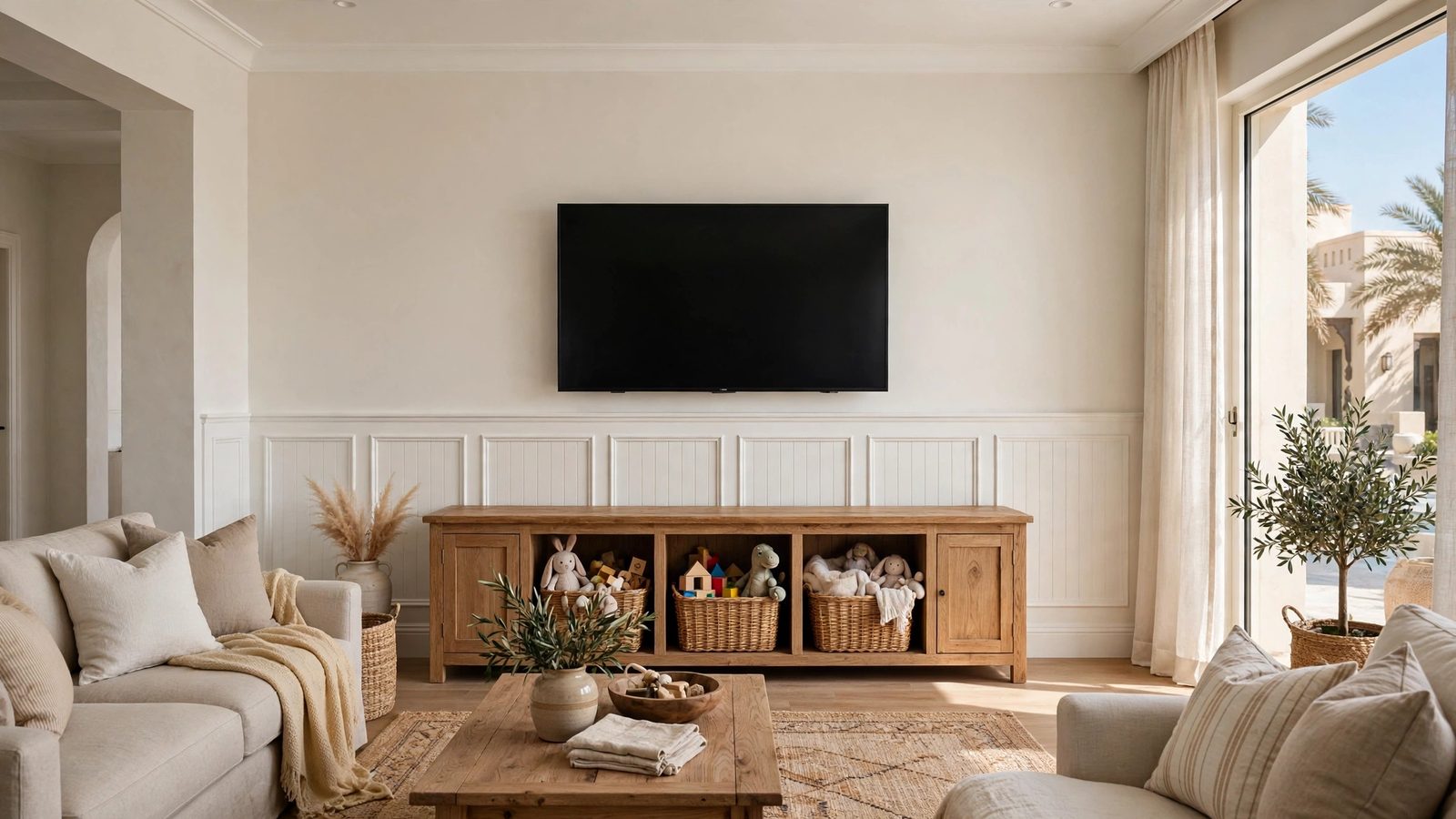 Wainscoted family TV wall design Abu Dhabi with storage