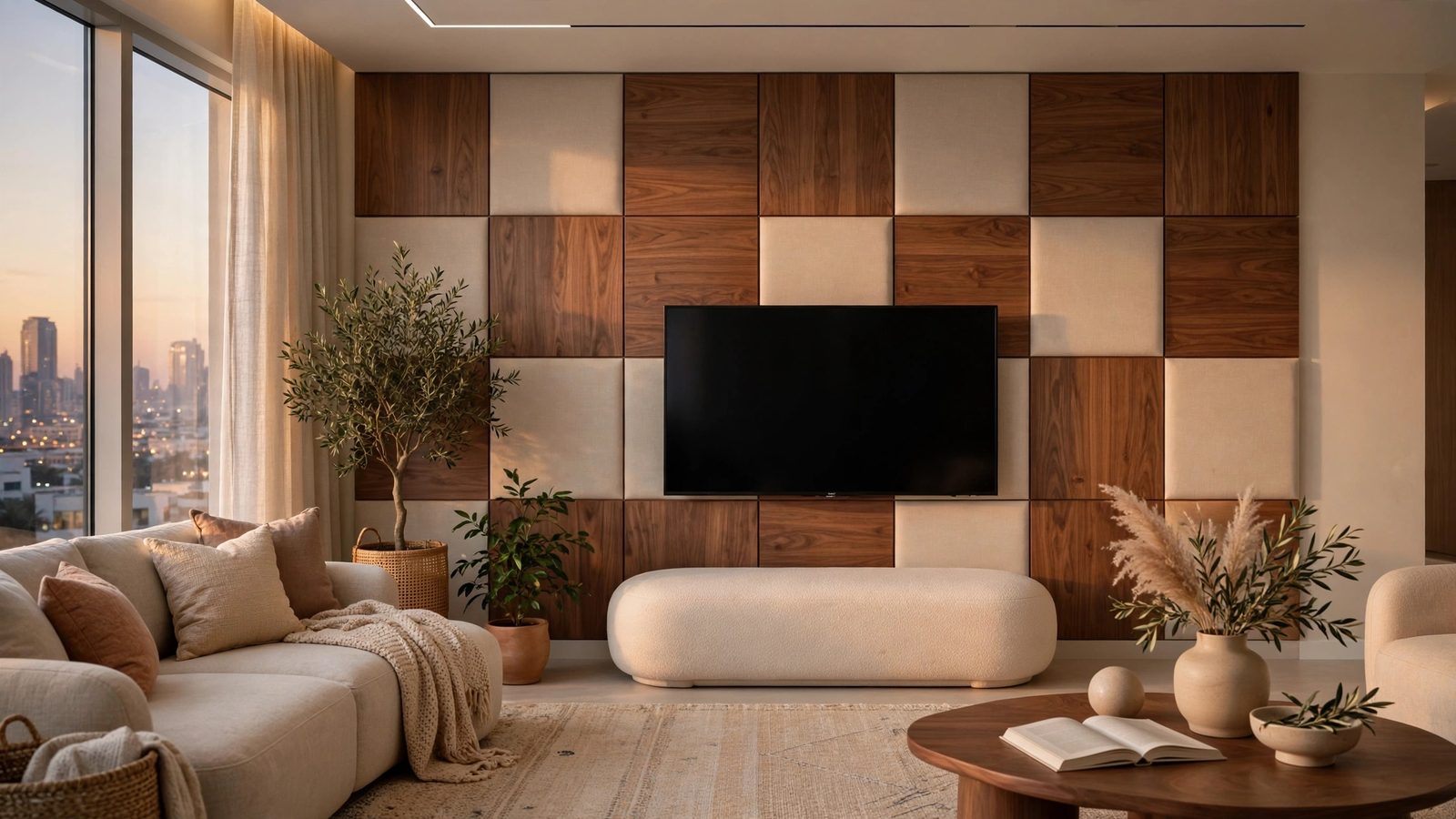 Walnut and fabric acoustic TV wall design Abu Dhabi family lounge